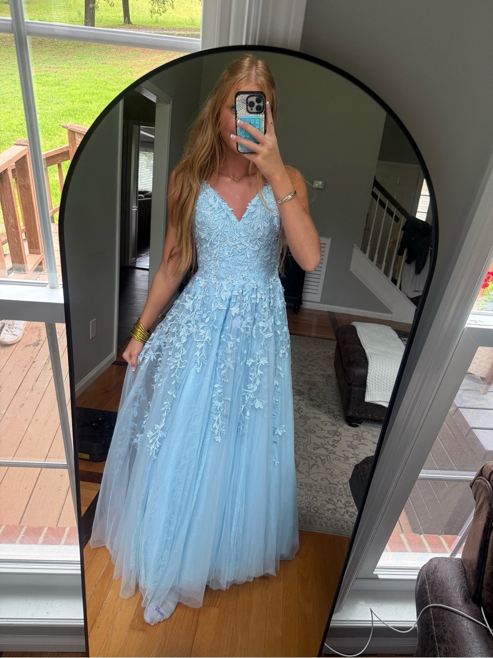 Sherri Hill Light Blue Lace Appliqué Tulle Prom Gown